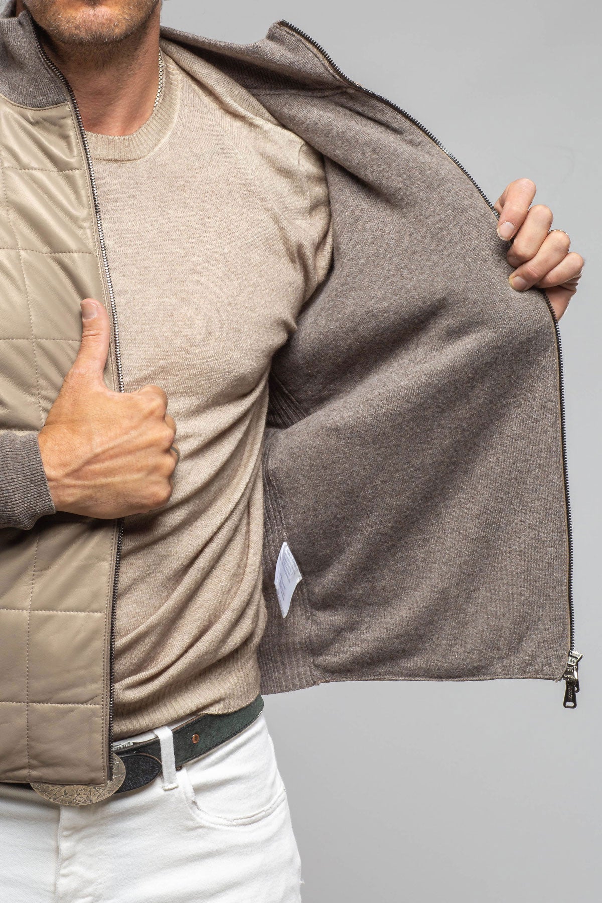 Luge Racer Sweater Jacket In Gold Sand | Mens - Outerwear - Leather | Heinz Bauer