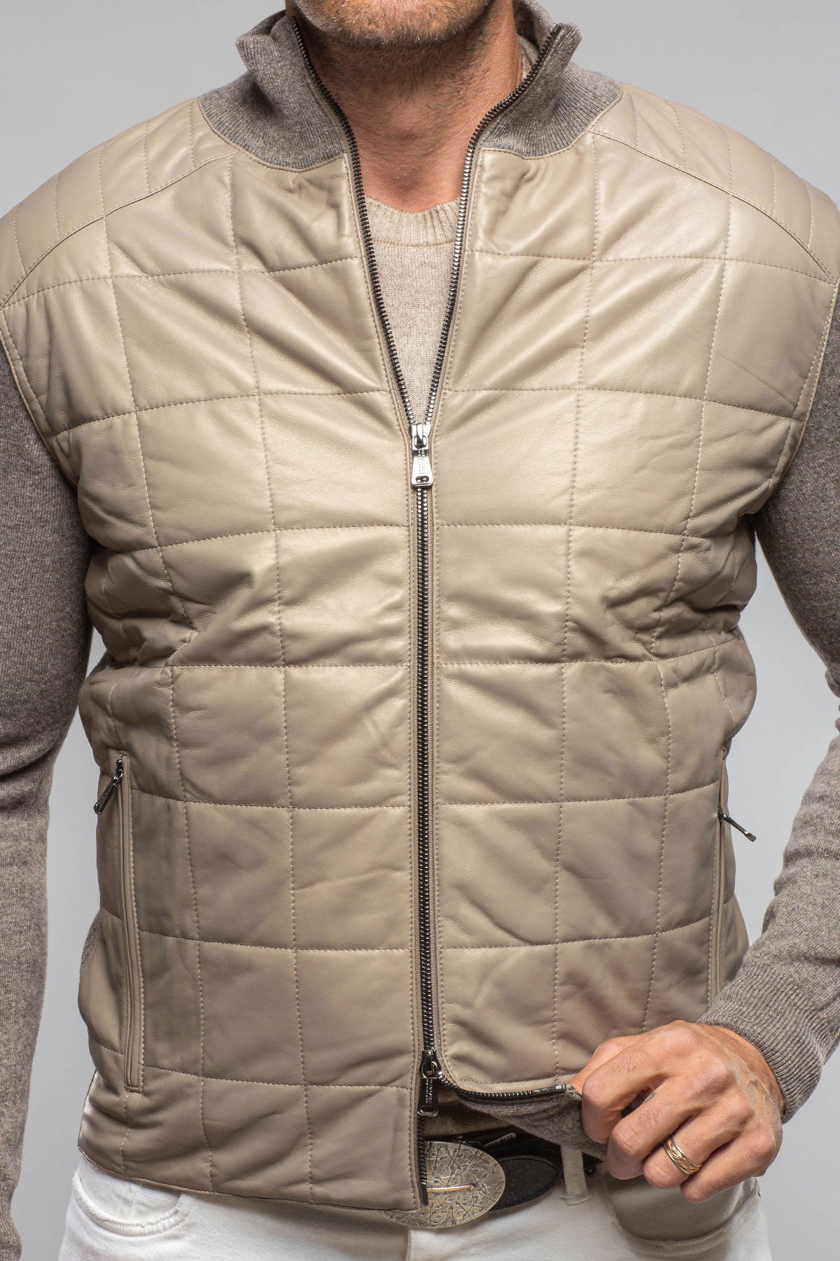 Luge Racer Sweater Jacket In Gold Sand | Mens - Outerwear - Leather | Heinz Bauer