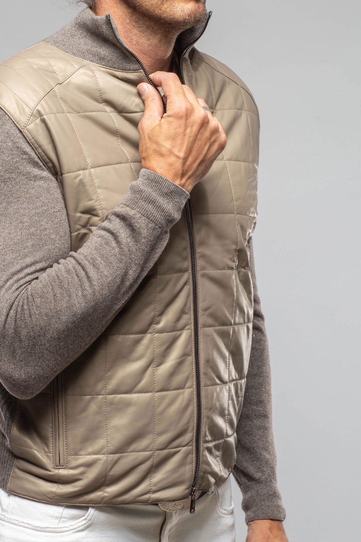 Luge Racer Sweater Jacket In Gold Sand | Mens - Outerwear - Leather | Heinz Bauer