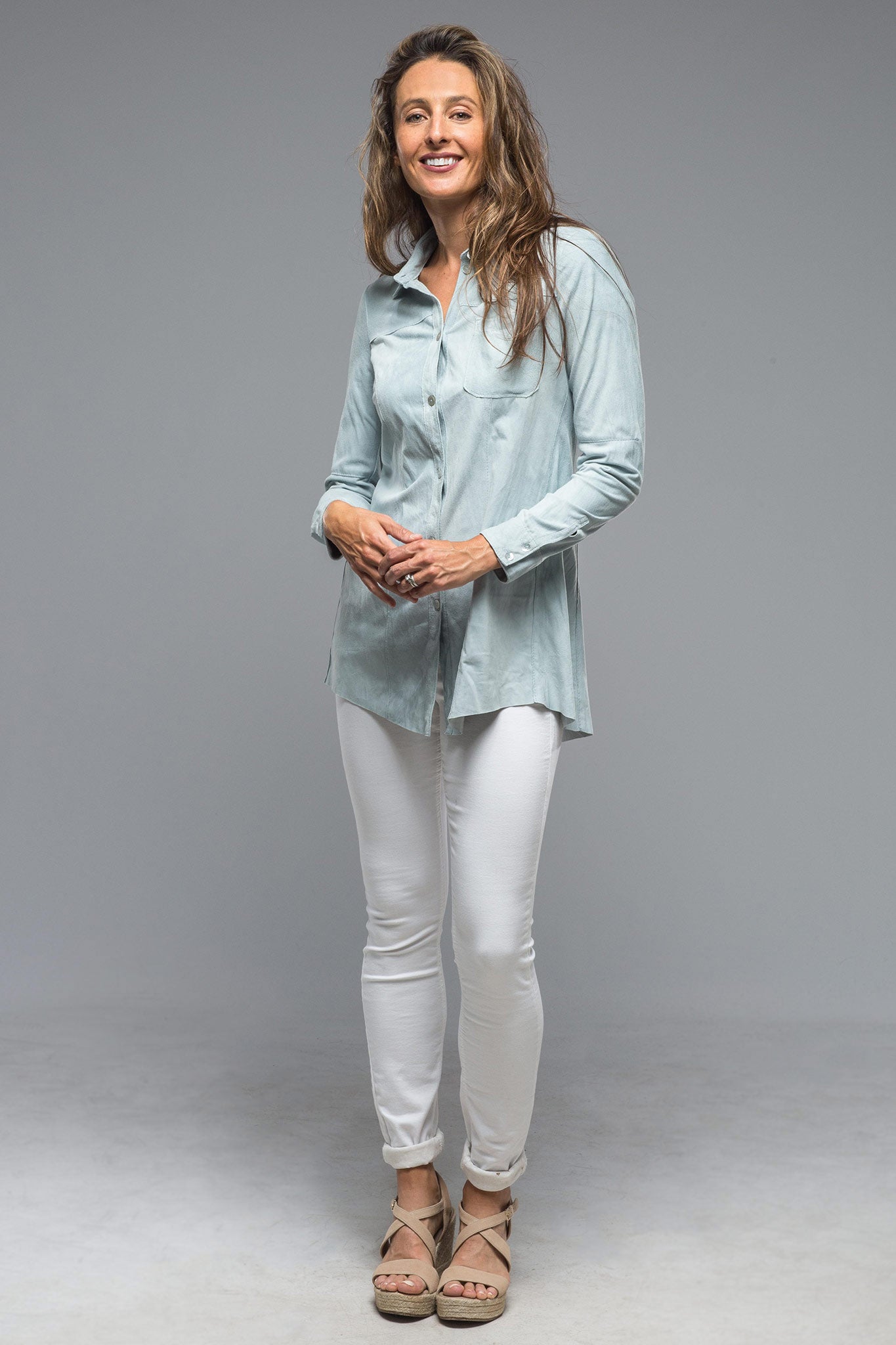 Olivia Long Suede Shirt w/ Pleated Back in Powder | Ladies - Outerwear - Leather | Artico