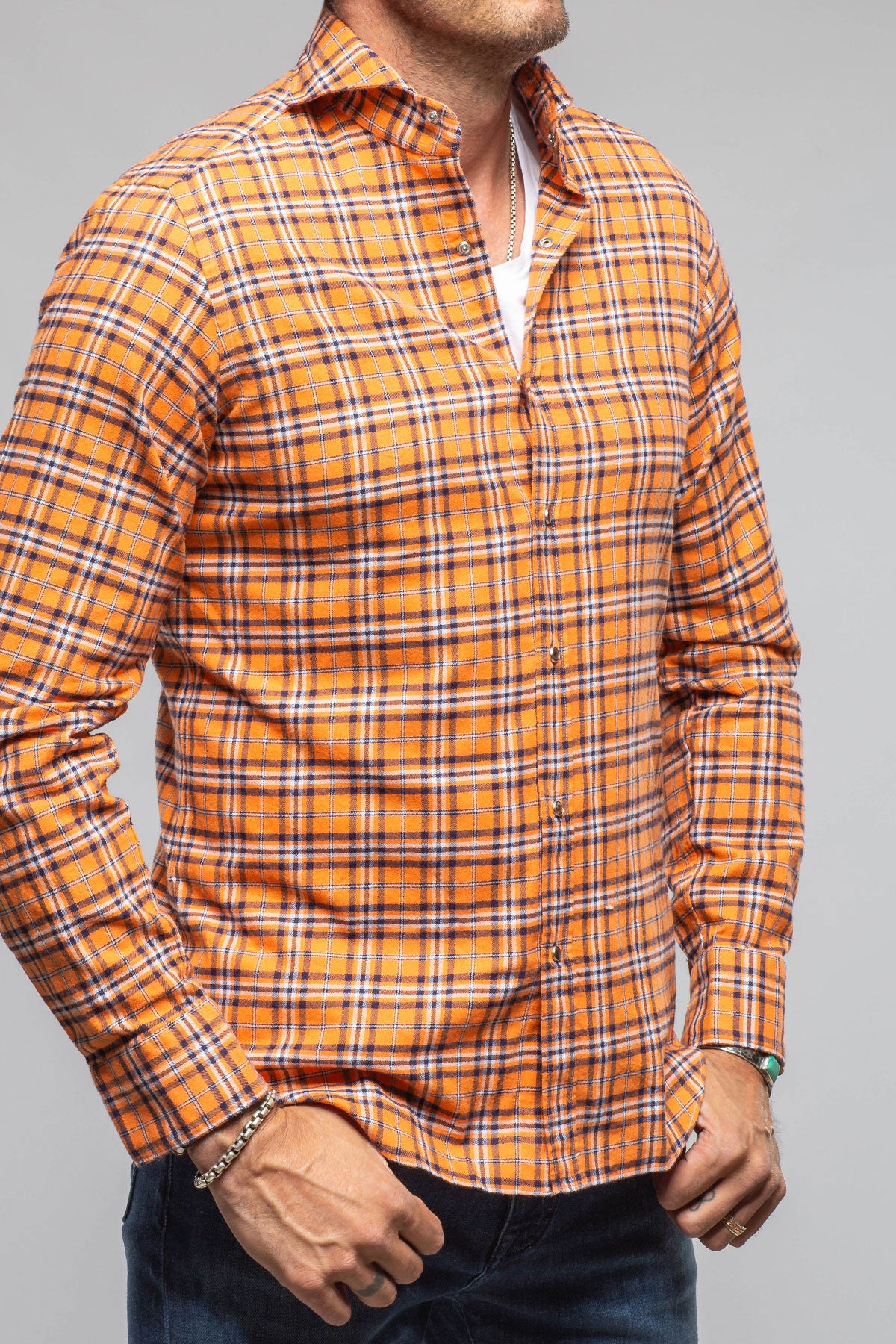 Harmony Check Flannel Snap Shirt In Orange Navy