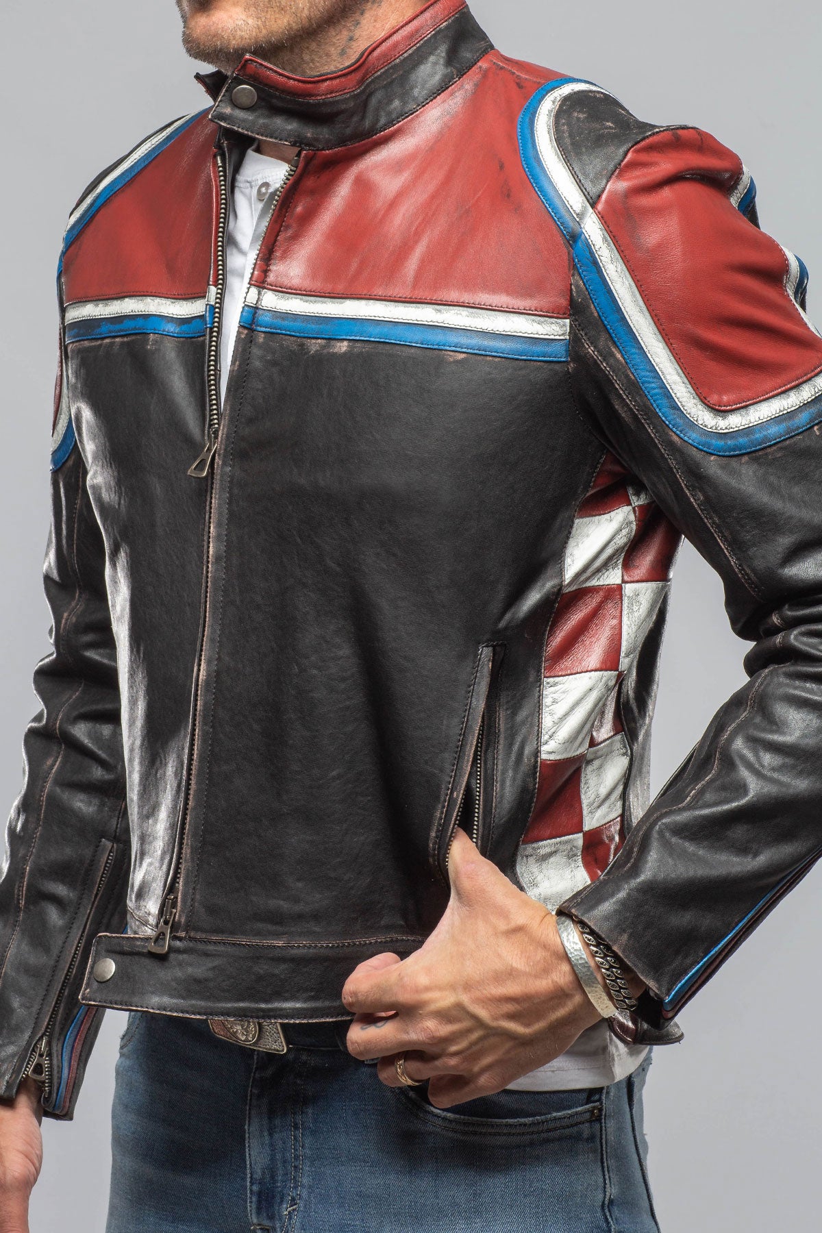 Retro Biker Jacket In Burgundy, White
