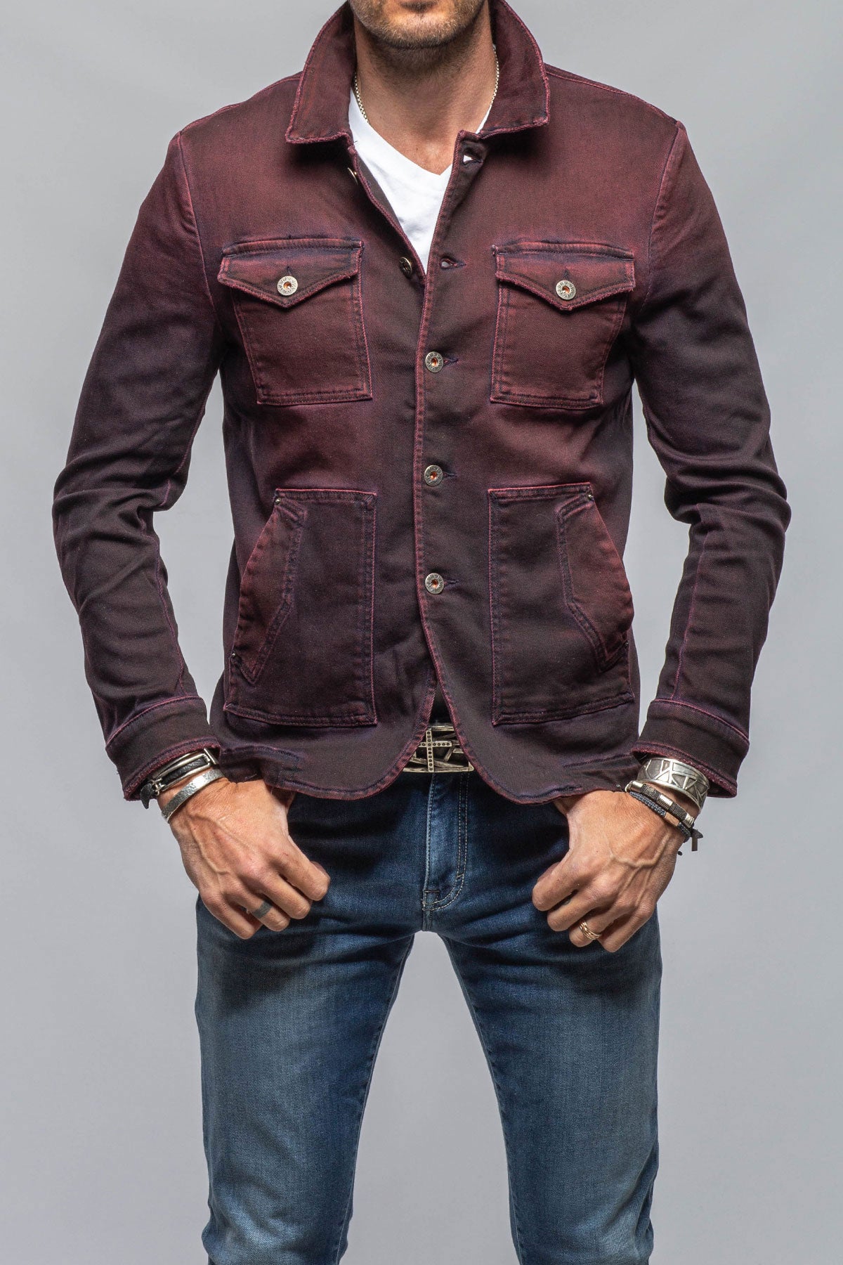 Chase Denim Jacket In Bordeaux | Mens - Outerwear - Overshirts | Teleria Zed