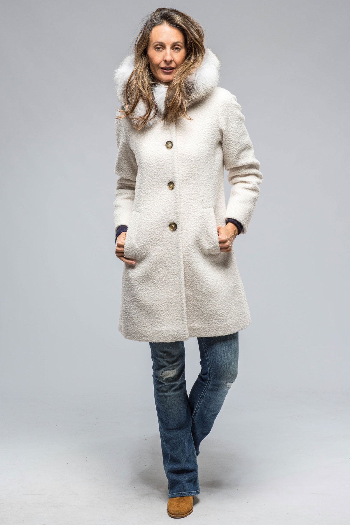Ivana Wool Coat With Fur Lined Hood in Ivory | Ladies - Outerwear - Cloth | Axel's Florence Collection