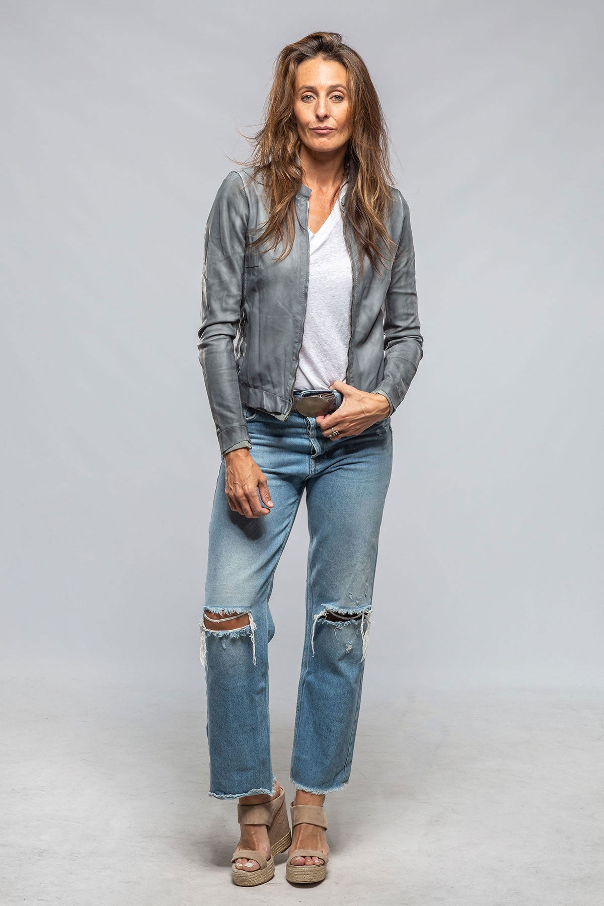 Ania Washed Leather Jacket In Steel Grey | Ladies - Outerwear - Leather | Axel's