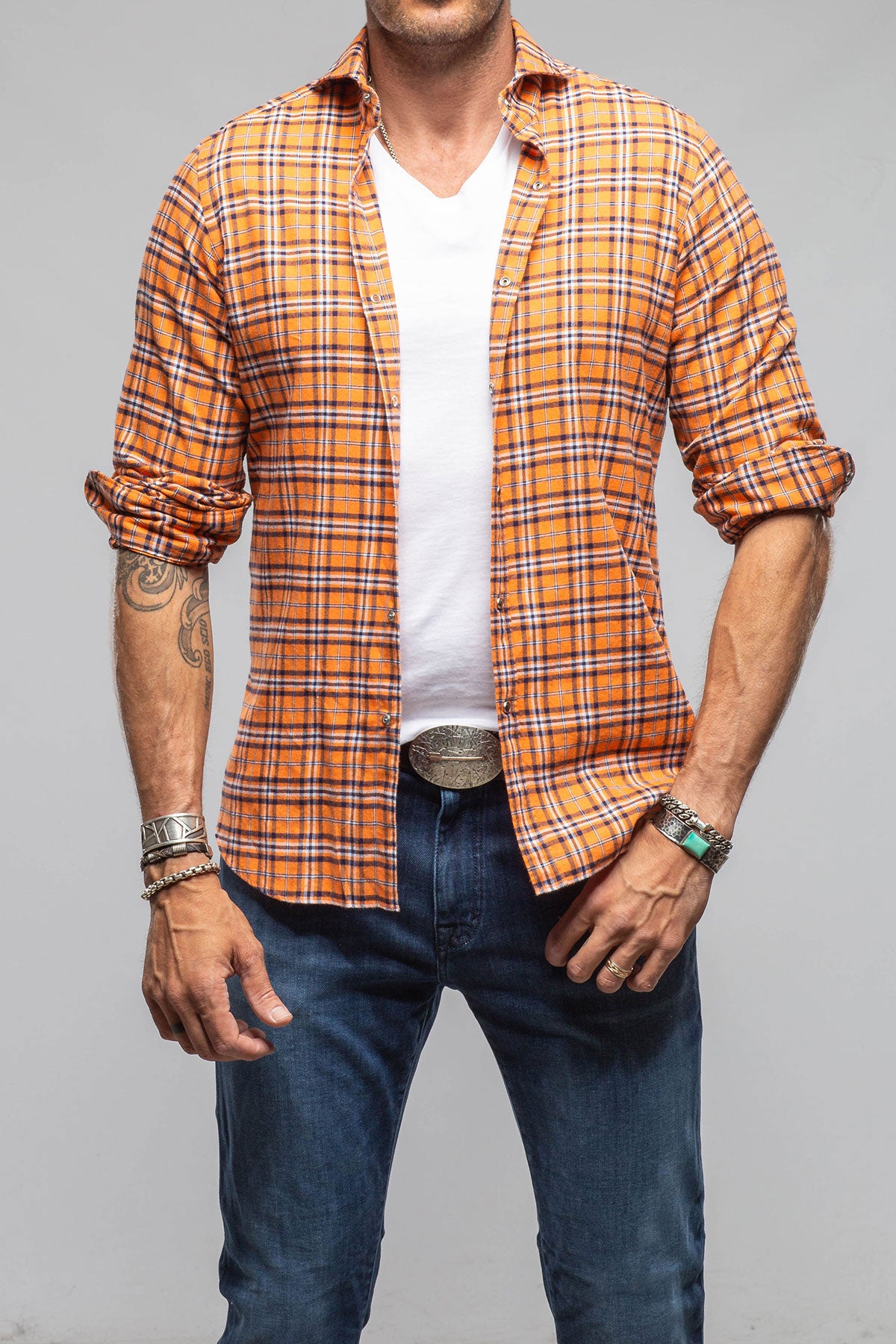Harmony Check Flannel Snap Shirt In Orange Navy