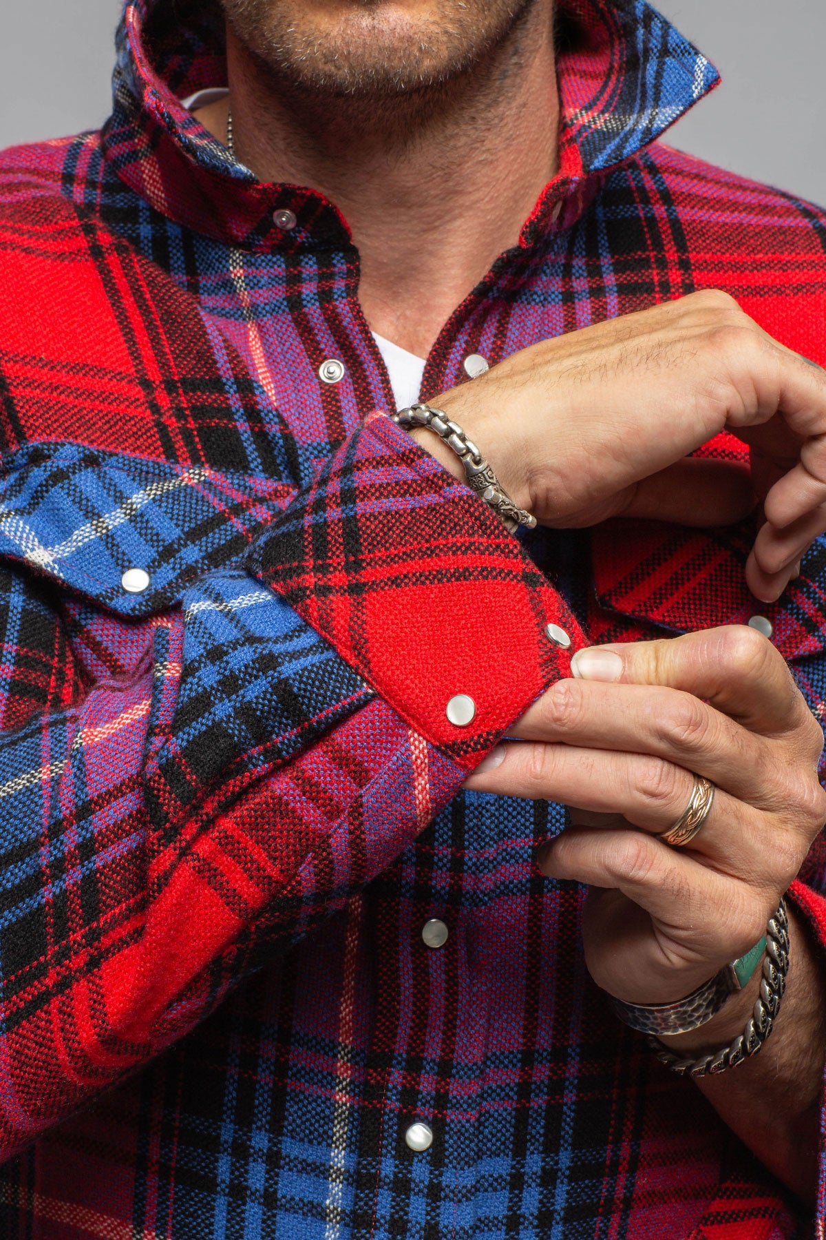 Richard Grand Cashmere Flannel Snap Shirt In Red Cobalt Mens - Shirts