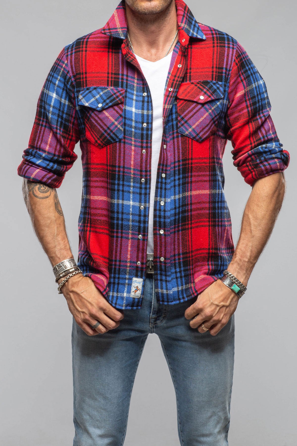Richard Grand Cashmere Flannel Snap Shirt In Red Cobalt Mens - Shirts