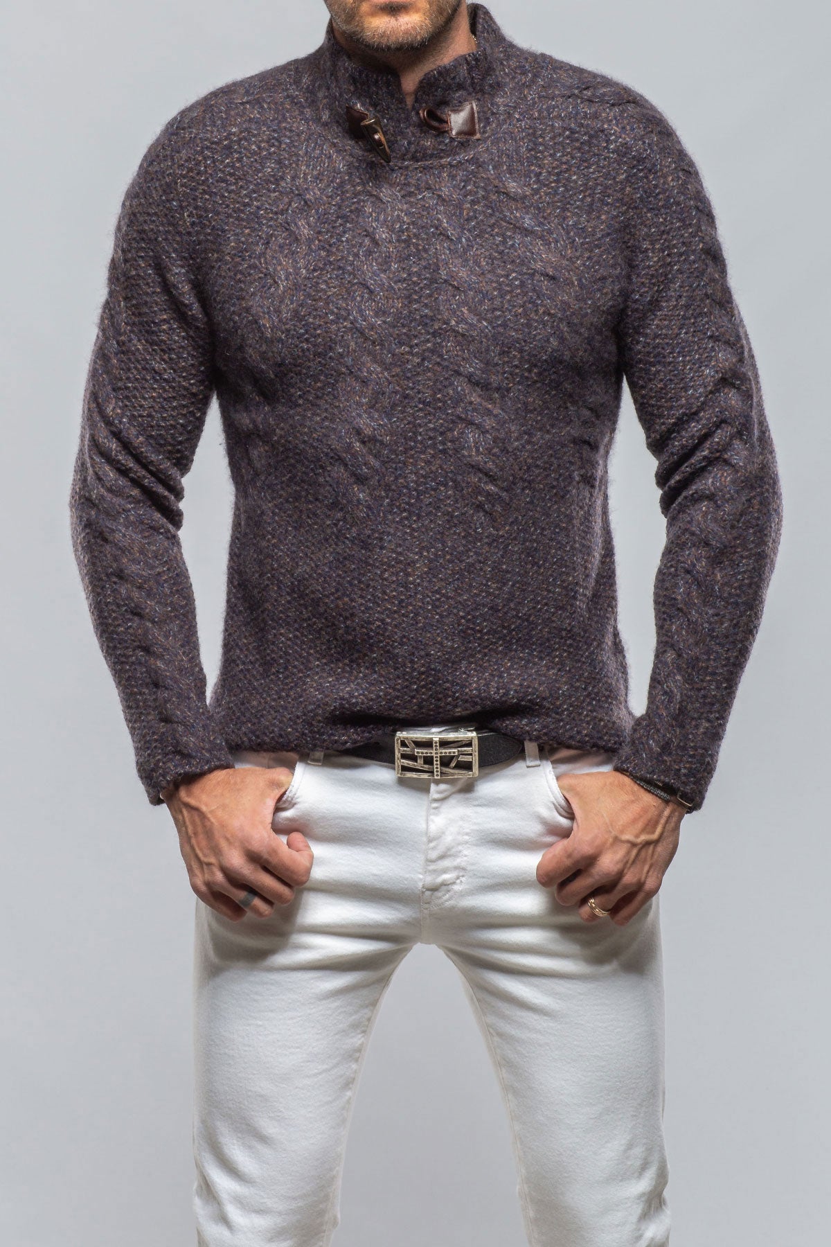 Robert Comstock James Cable Sweater in Chocolate Melange Mens - Sweaters