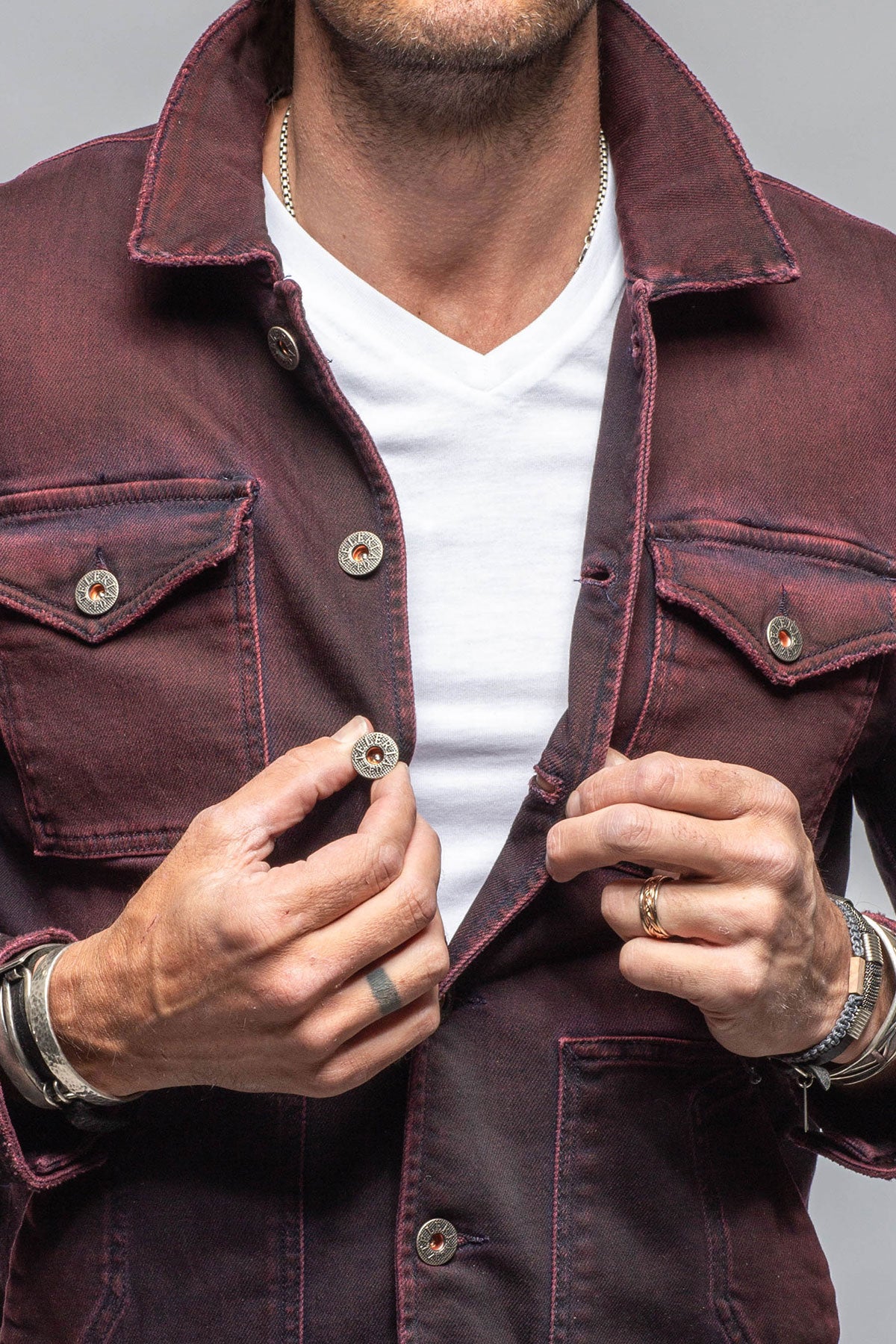 Chase Denim Jacket In Bordeaux | Mens - Outerwear - Overshirts | Teleria Zed