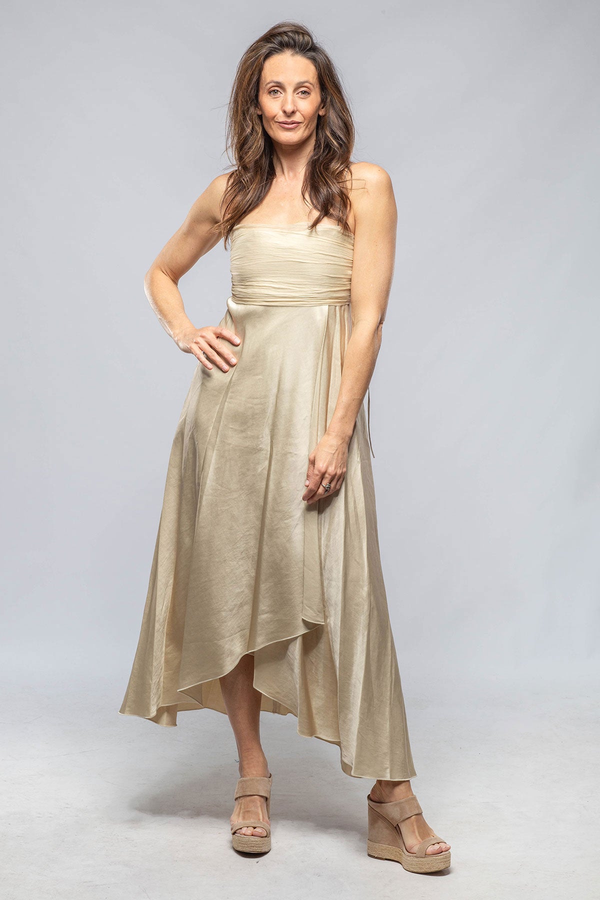 Calisa Dress With Ruched Chiffon Top In Champagne, Champagne / 36 (US 2/4)