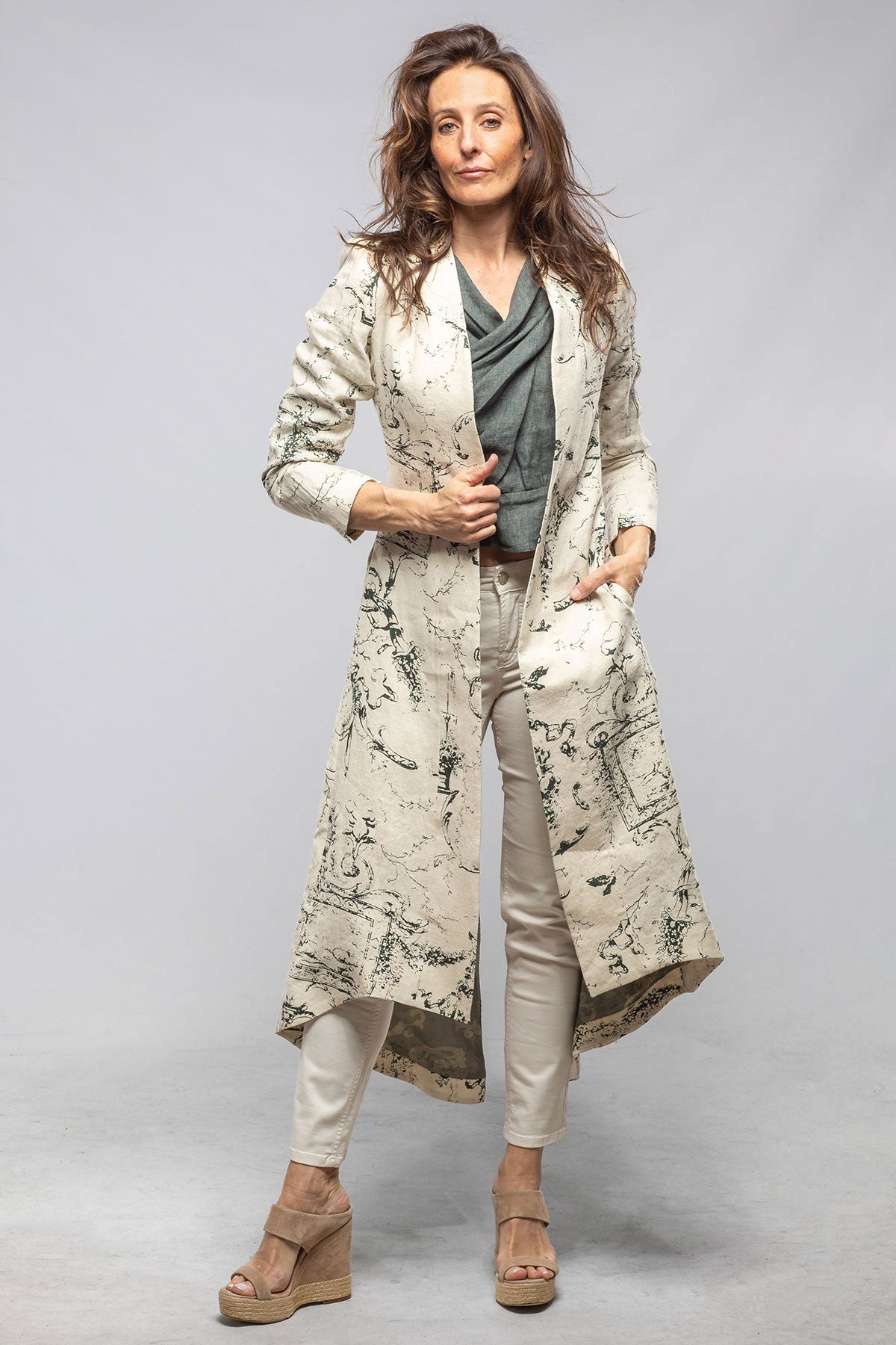T.ba Majorca Long Linen Coat In Beige Toscana Print Ladies - Tailored