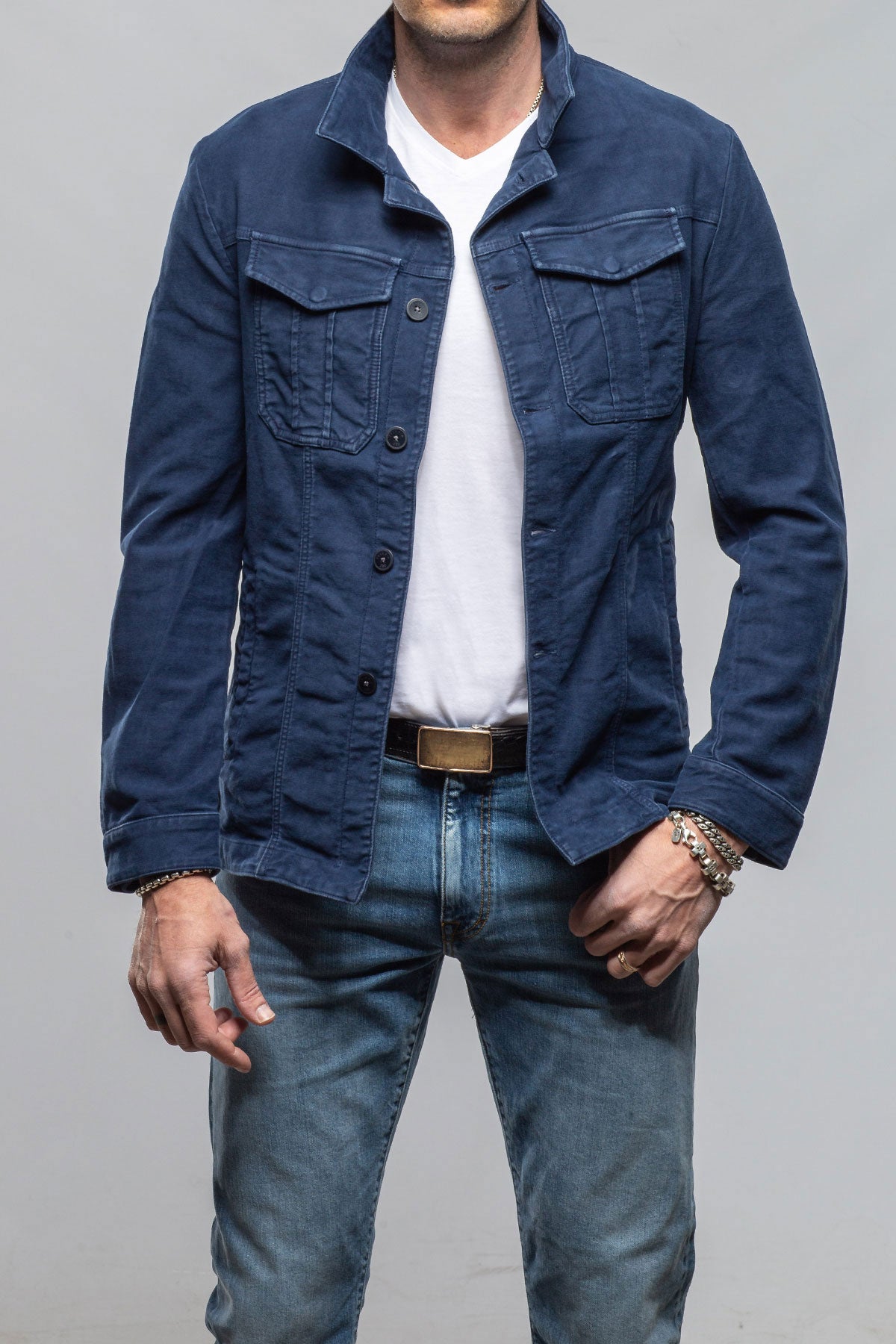 Teleria Zed Trace Overdye Moleskin Overshirt In Blu Cina Mens - Outerwear - Overshirts