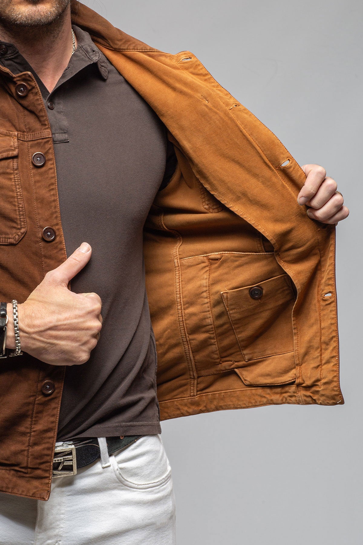 Trace Overdyed Moleskin Overshirt In Ruggine | Mens - Outerwear - Overshirts | Teleria Zed