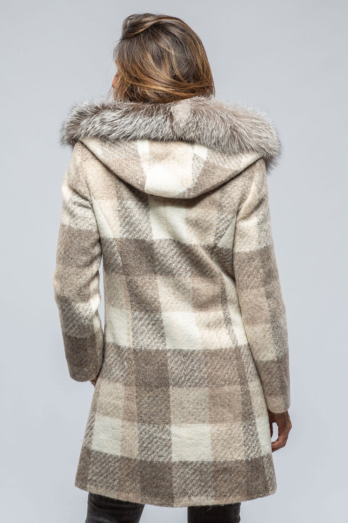 Celine Plaid Coat W/ Fur Trim Hood In Beige | Ladies - Outerwear - Cloth | Axel's Florence Collection