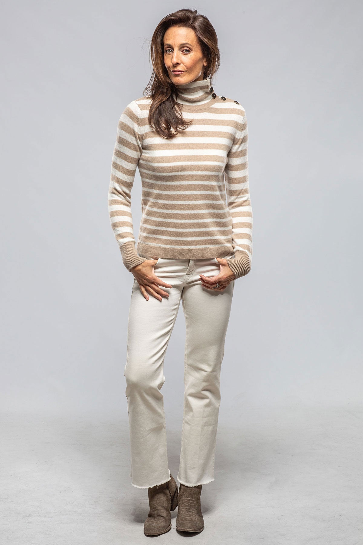 Georgi Cashmere Striped Button Collar In Camel/White | Ladies - Sweaters | Axels
