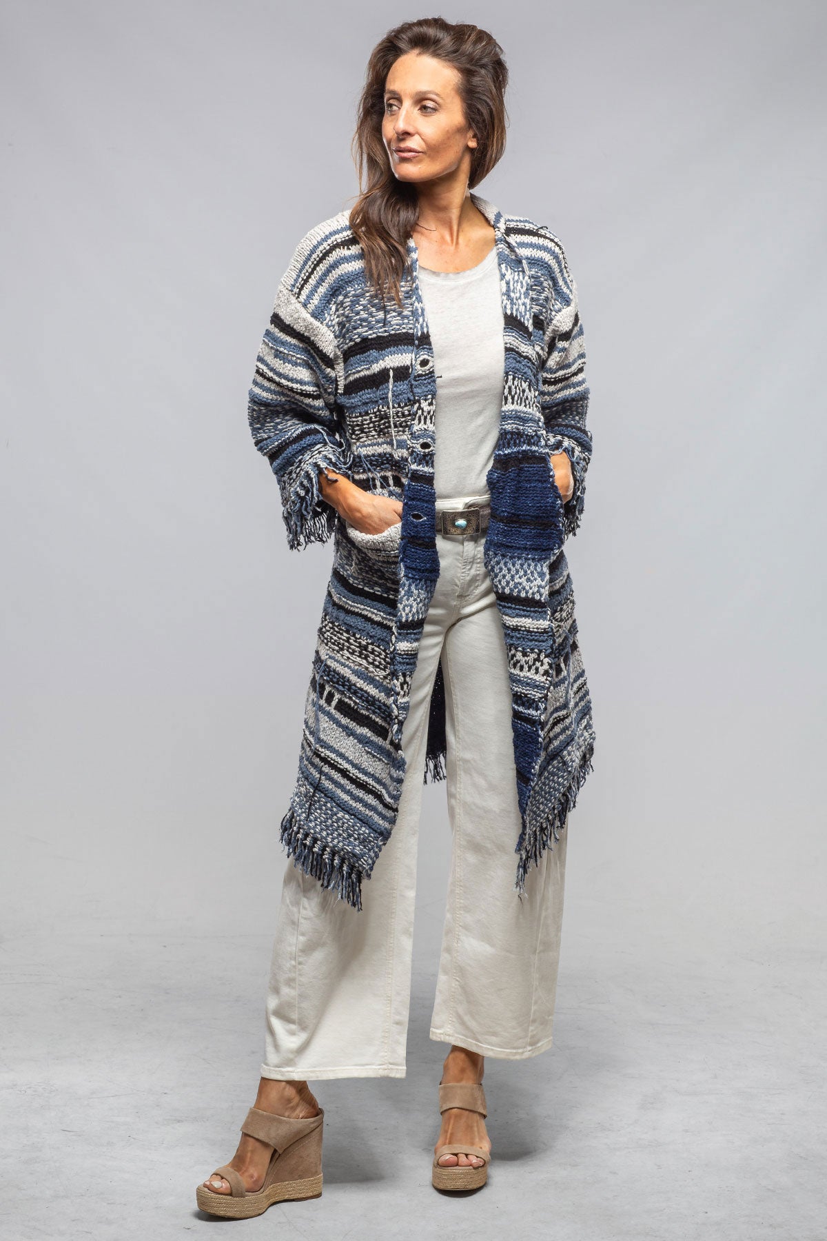 Masi Long Knit Cardigan In Denim | Ladies - Sweaters | Sonia Villa
