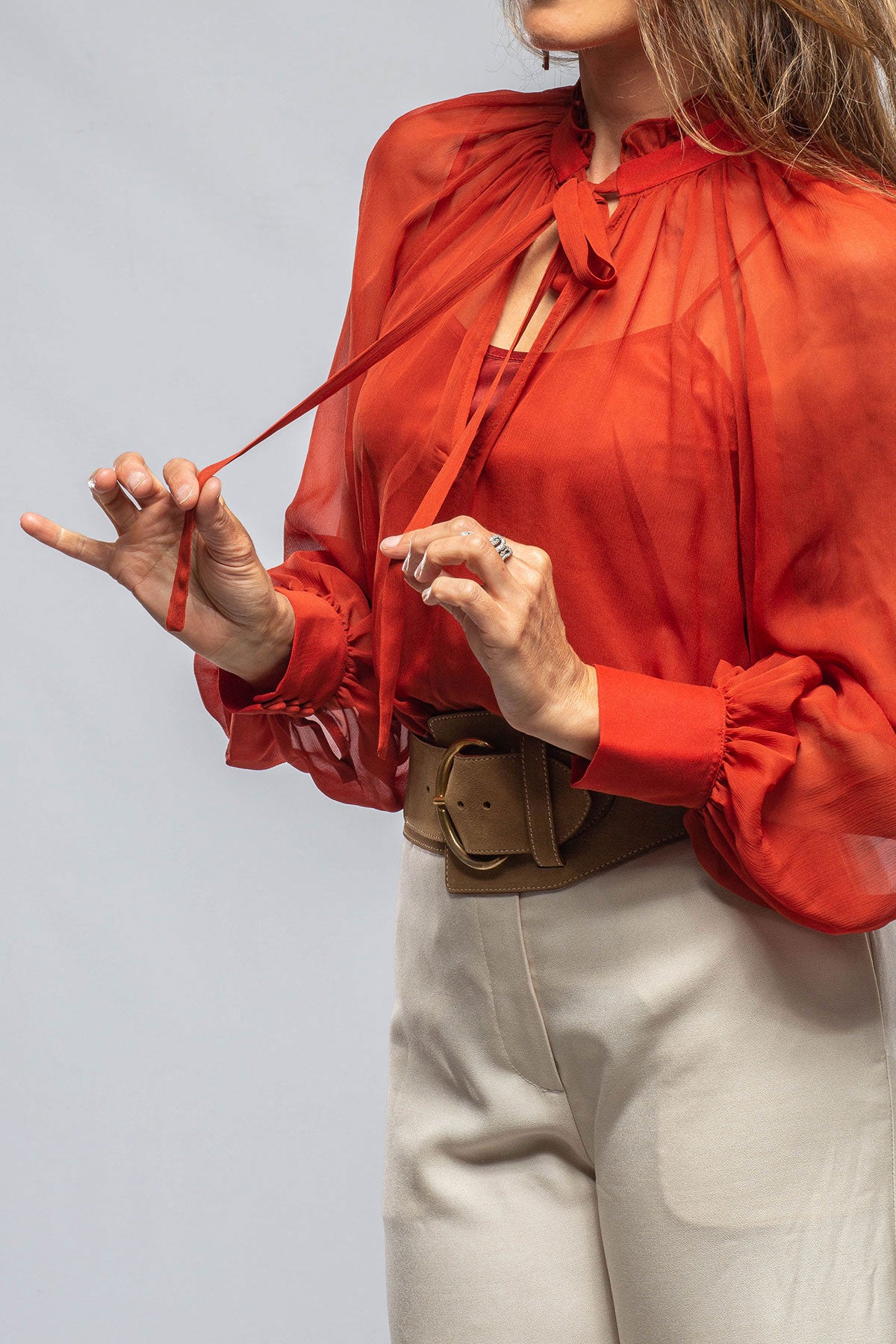 VOZ Bishop Sleeve Blouse In Tomato Silk Chiffon Ladies - Blouses