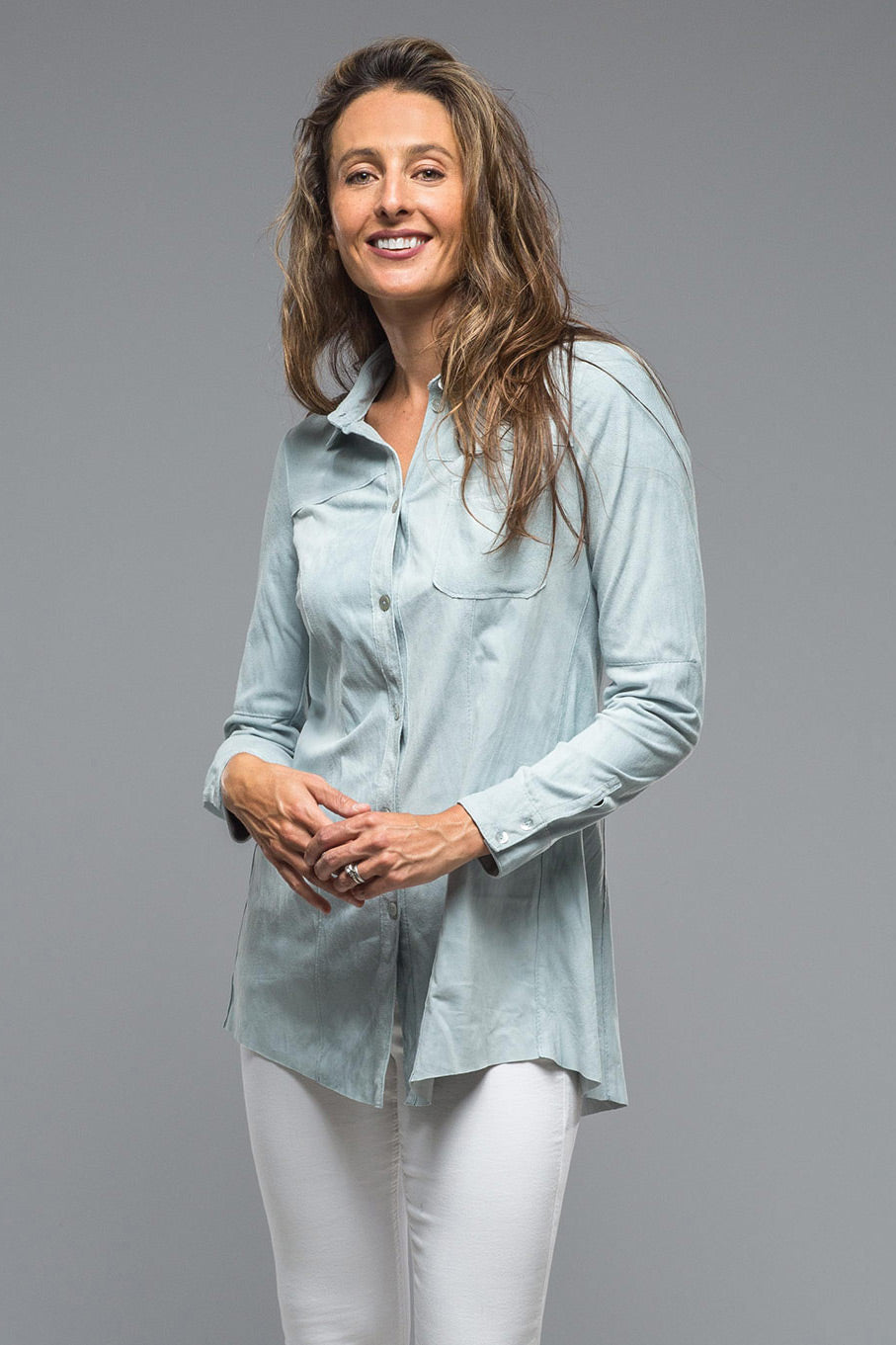 Olivia Long Suede Shirt w/ Pleated Back in Powder | Ladies - Outerwear - Leather | Artico