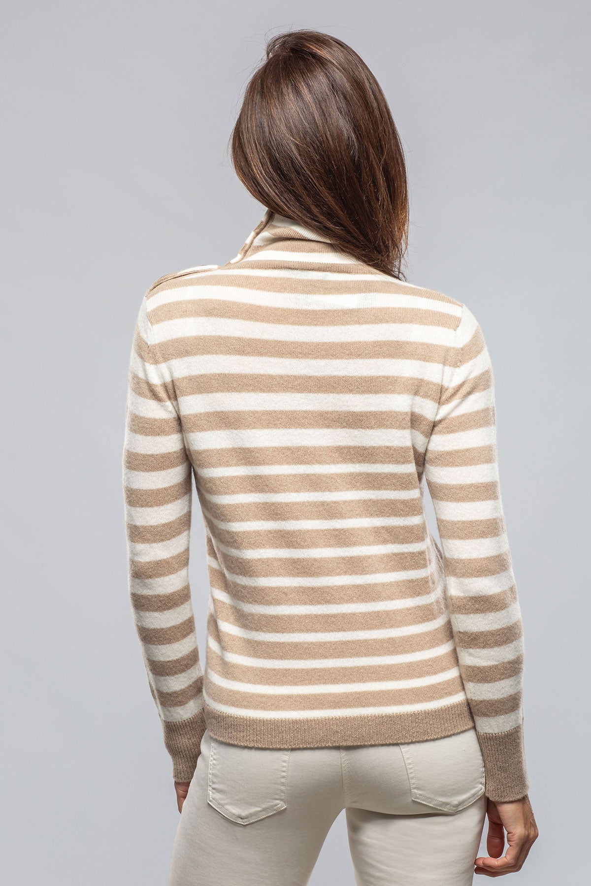 Georgi Cashmere Striped Button Collar In Camel/White | Ladies - Sweaters | Axels