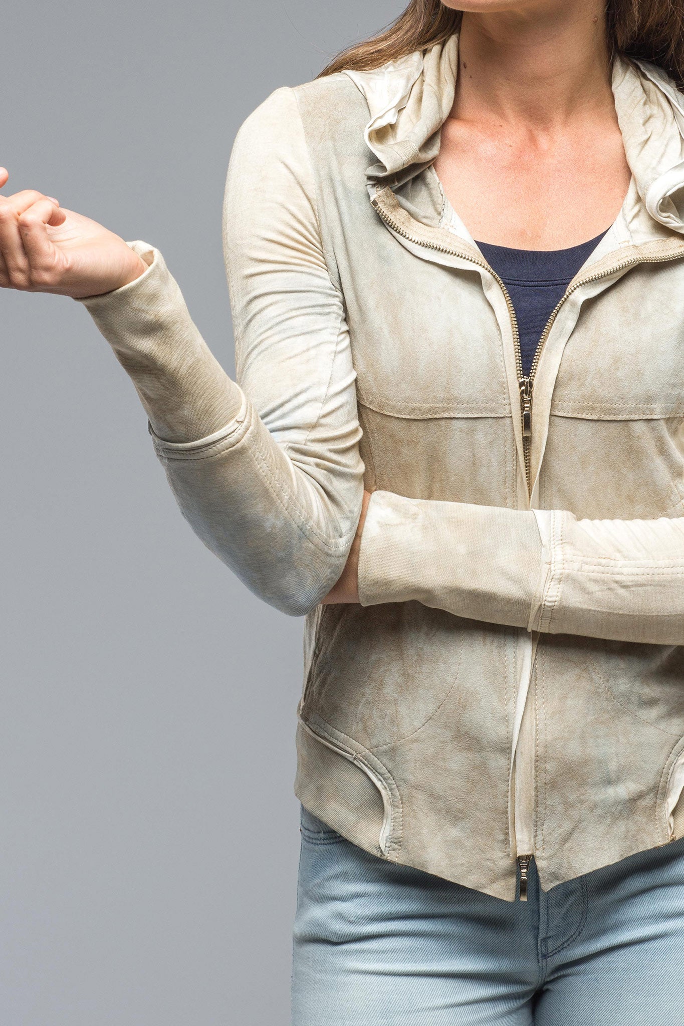 Cruiser Suede & Jersey Hoodie in Saffron Khaki Blue Melange | Ladies - Outerwear - Leather | Roncarati