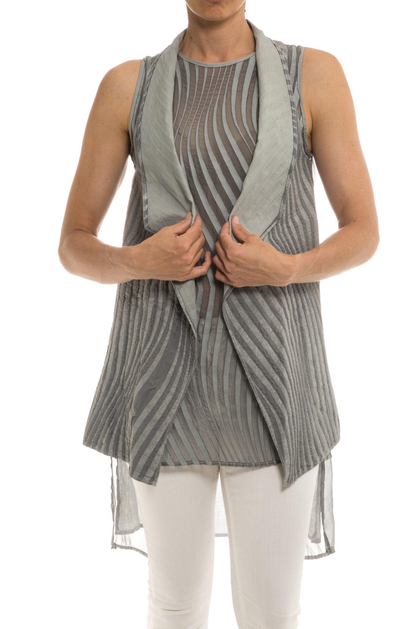 Kalahari Leather/Chiffon Vest in Pearl | Ladies - Tops | Dune