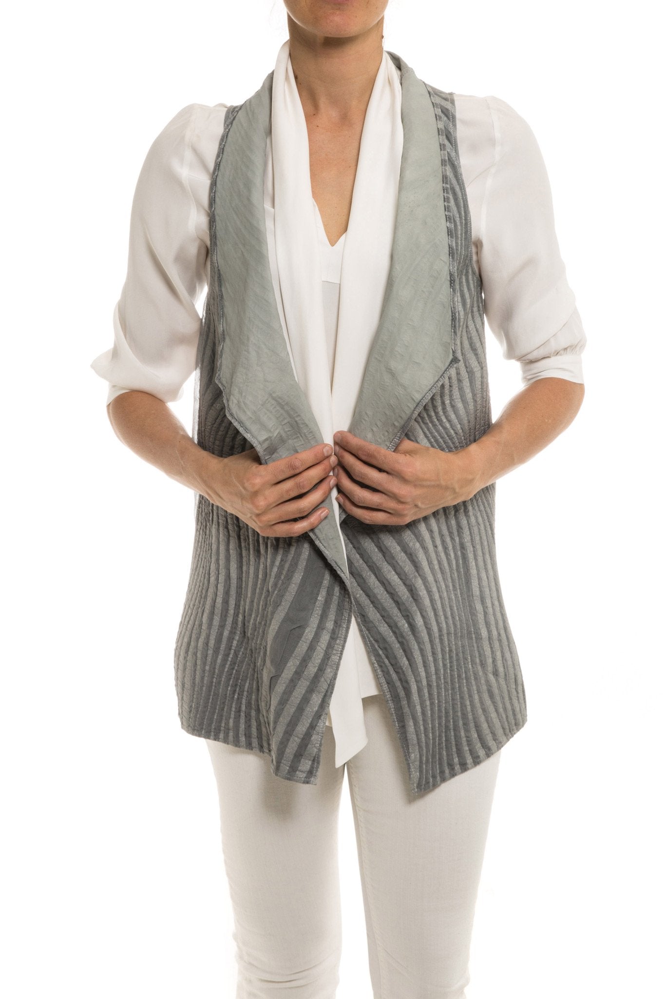 Dune Kalahari Leather/Chiffon Vest in Pearl Ladies - Tops