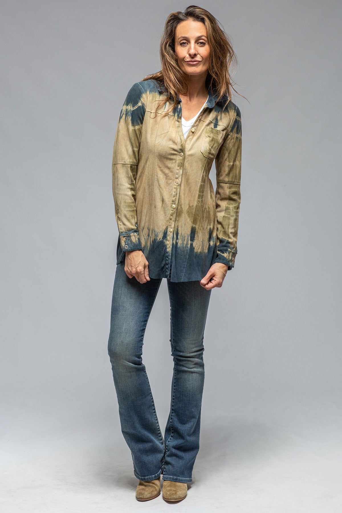 Roncarati Olivia Canyon Tie Dye Long Suede Shirt Ladies - Outerwear - Leather