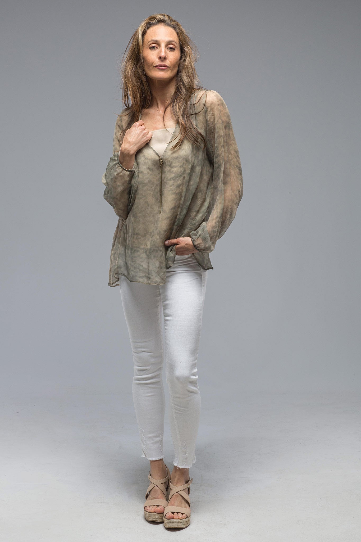 T.ba Giselle Shirt W/ Taupe Cami In Green Print Ladies - Blouses