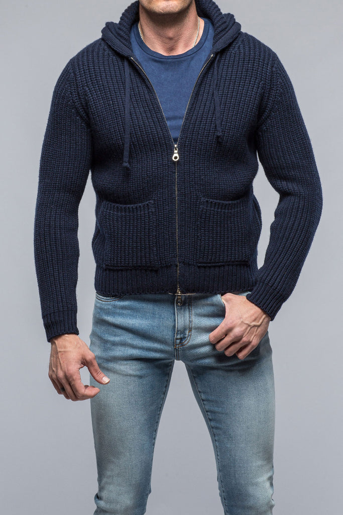 Chunky Cashmere Pullover Hoodie in Navy | Mens - Sweaters
