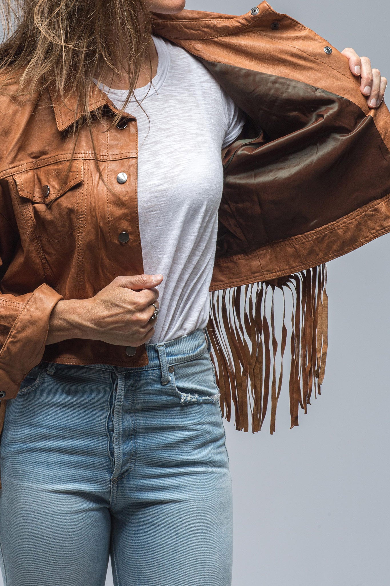Diana Leather Fringe Jkt In Cognac | Ladies - Outerwear - Leather | Roncarati