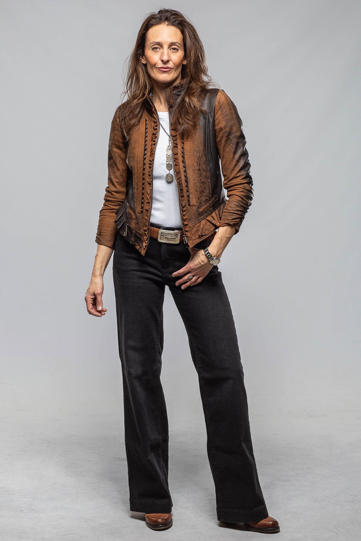 Artico Bailey Ruffle Front Jacket In Vintage Cognac Ladies - Outerwear - Leather