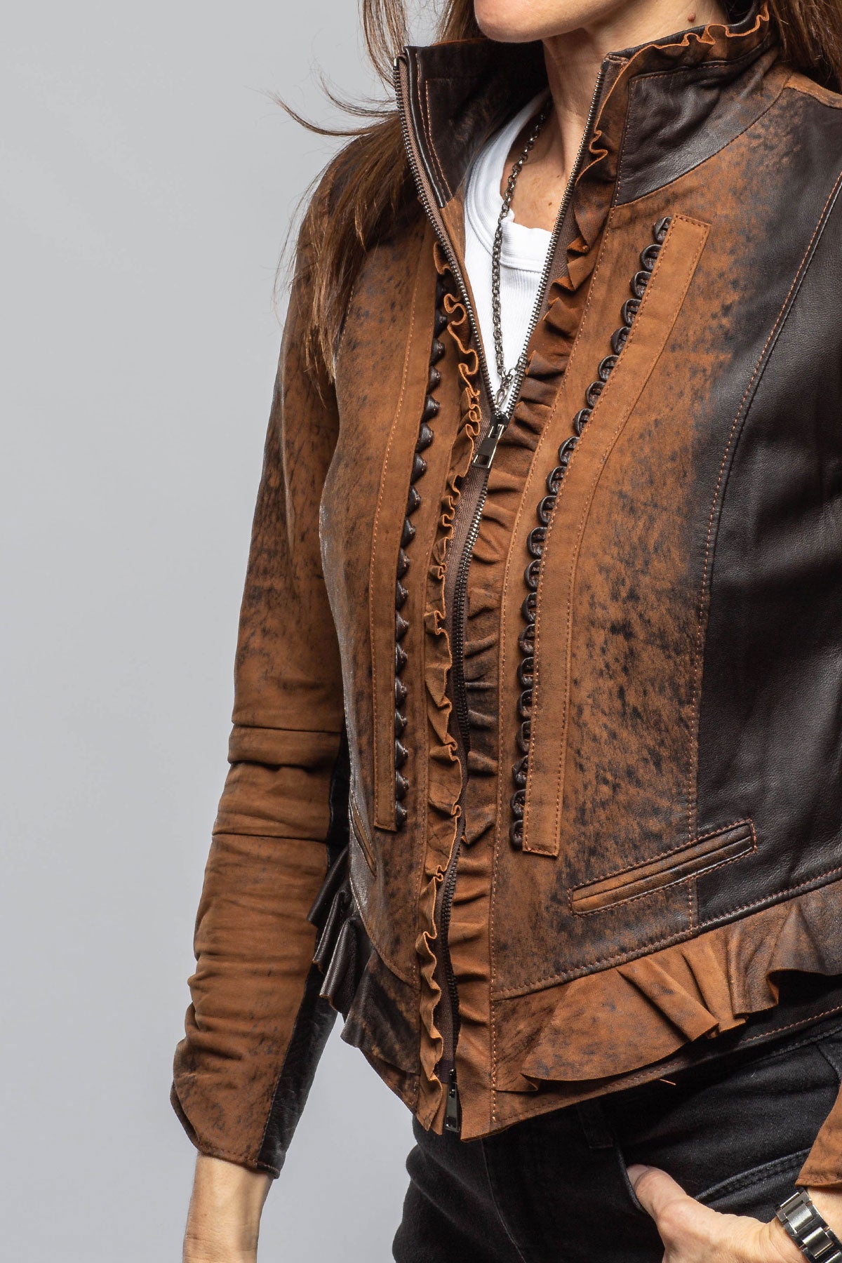 Artico Bailey Ruffle Front Jacket In Vintage Cognac Ladies - Outerwear - Leather
