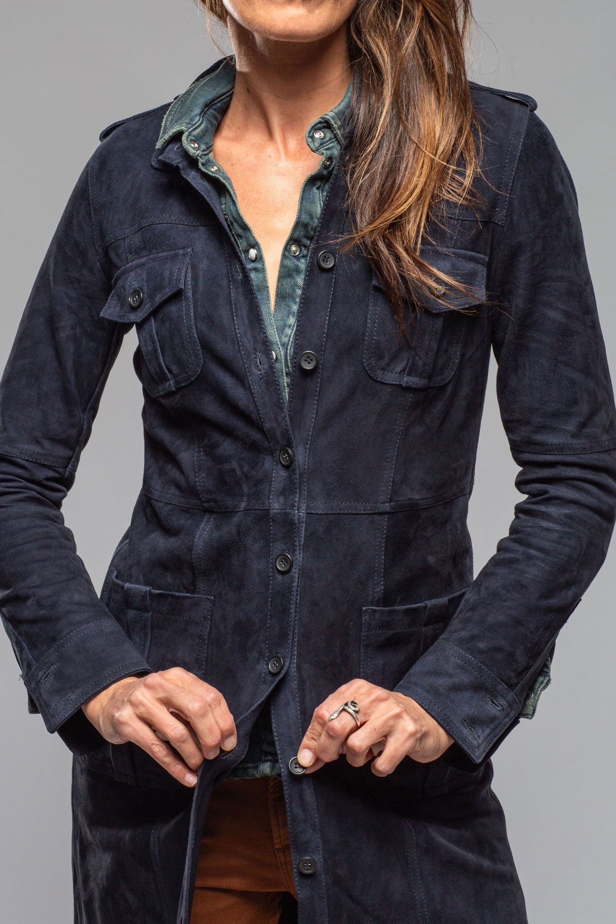 Artico Savannah Long Leather Tunic In Navy Ladies - Outerwear - Leather