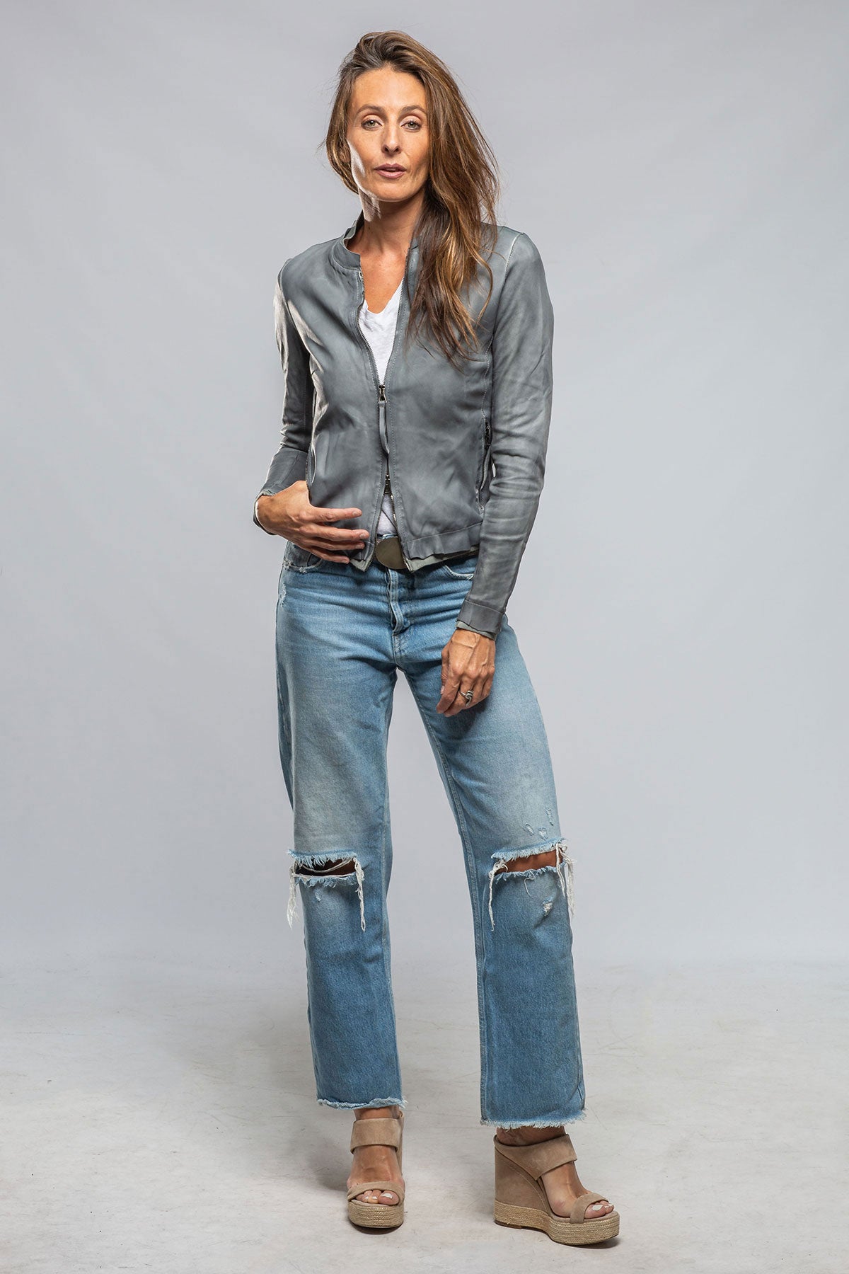 Ania Washed Leather Jacket In Steel Grey | Ladies - Outerwear - Leather | Axel's