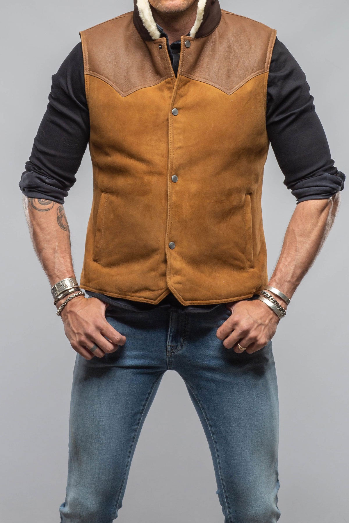 Axel's Florence Collection CK Western Shearling Vest In Tobacco Mens - Outerwear - Shearling