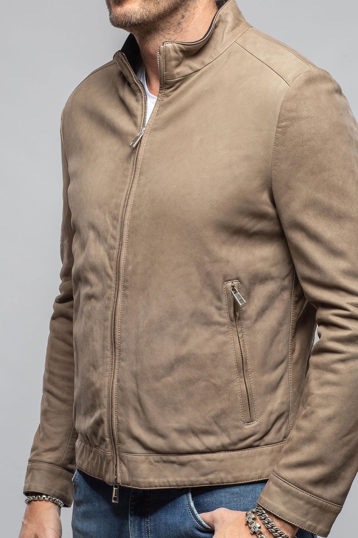 Axel's Florence Collection Dakota Leather Moto In Stone Samples - Mens - Outerwear - Leather