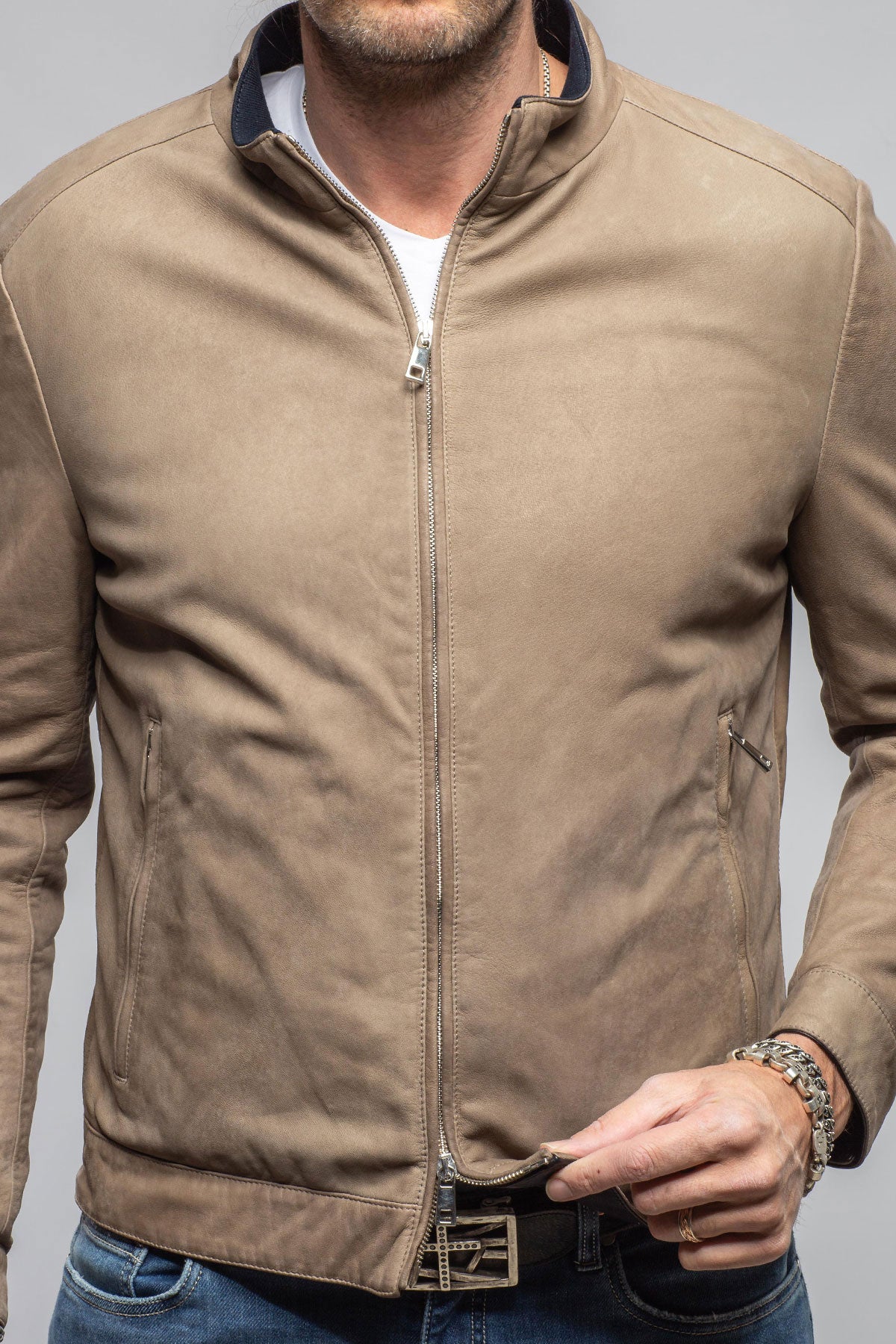 Axel's Florence Collection Dakota Leather Moto In Stone Samples - Mens - Outerwear - Leather