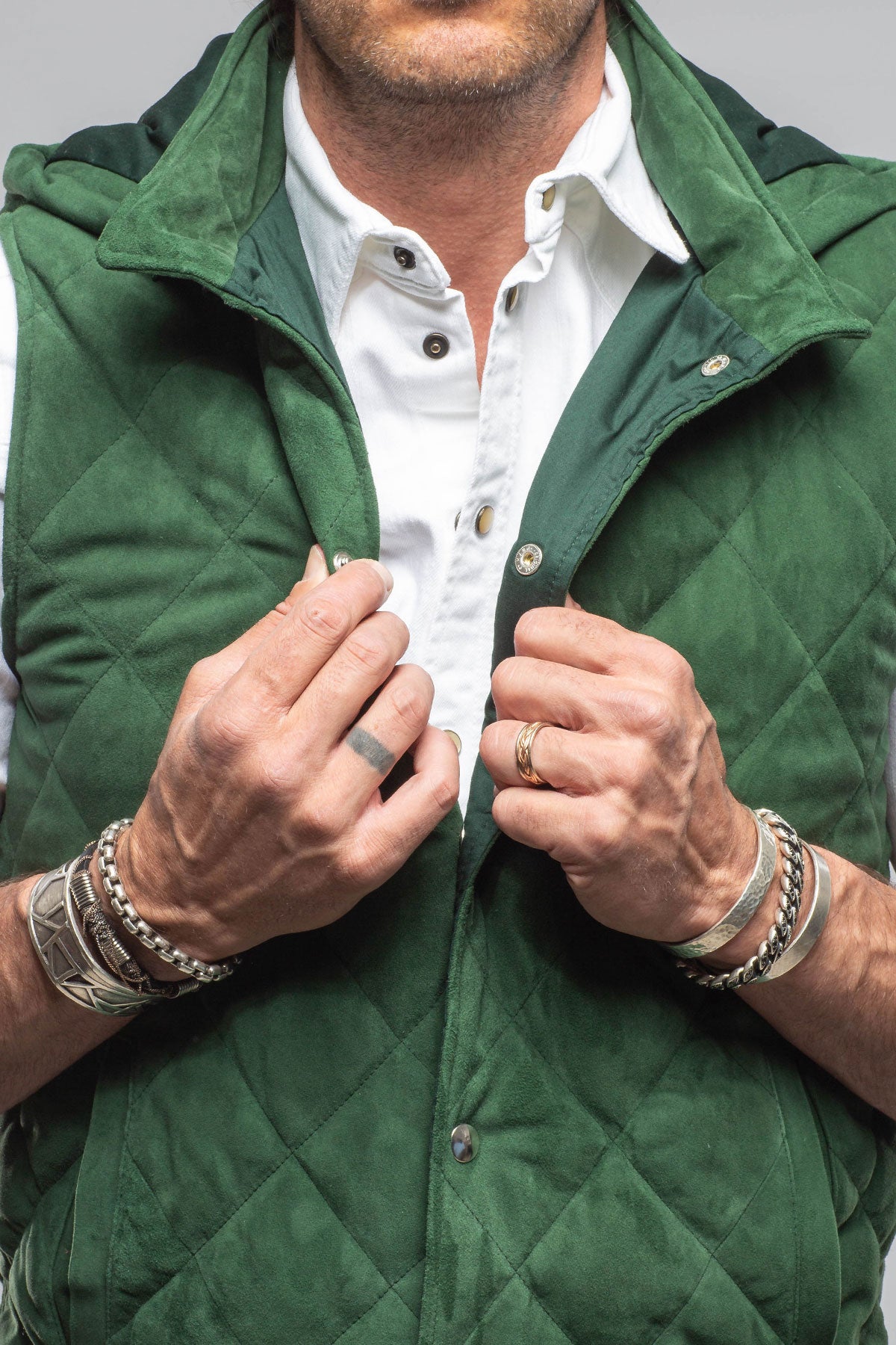Diamond Hooded Vest In Emerald | Mens - Outerwear - Leather | Axel's Florence Collection