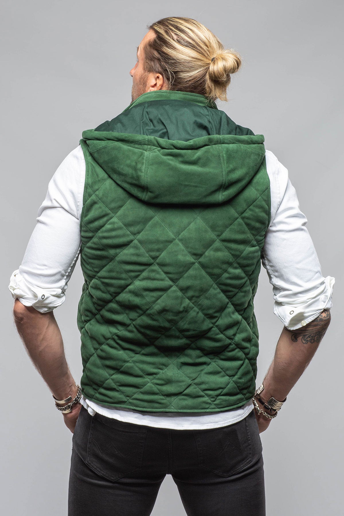 Diamond Hooded Vest In Emerald | Mens - Outerwear - Leather | Axel's Florence Collection