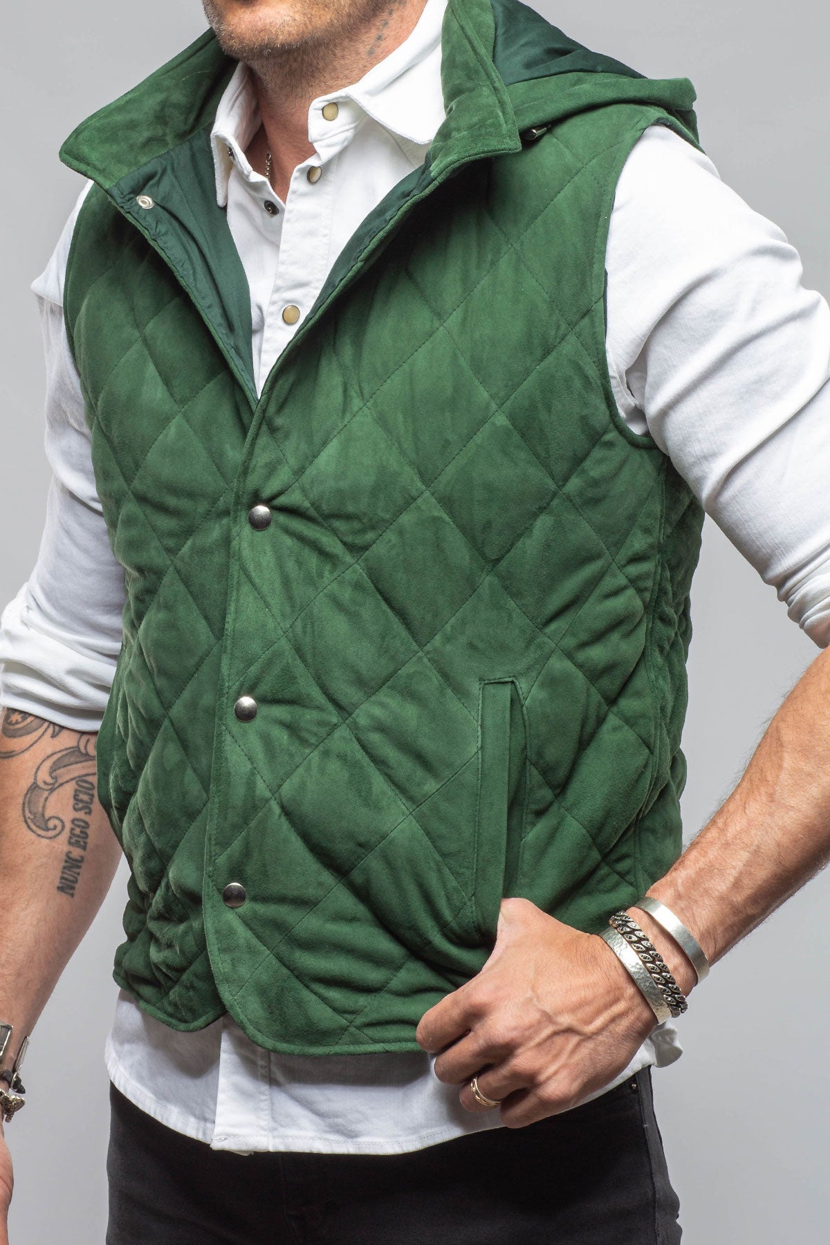 Diamond Hooded Vest In Emerald | Mens - Outerwear - Leather | Axel's Florence Collection