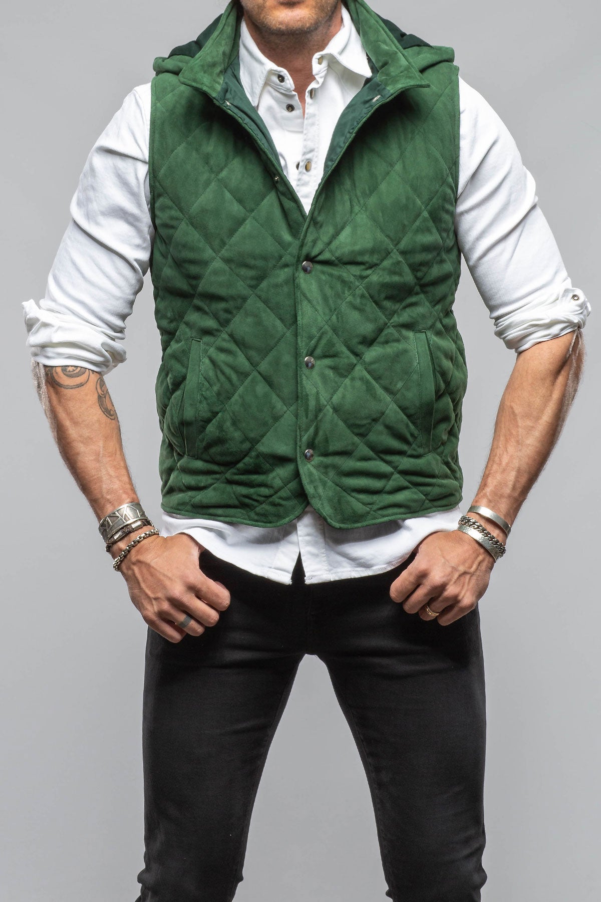 Diamond Hooded Vest In Emerald | Mens - Outerwear - Leather | Axel's Florence Collection