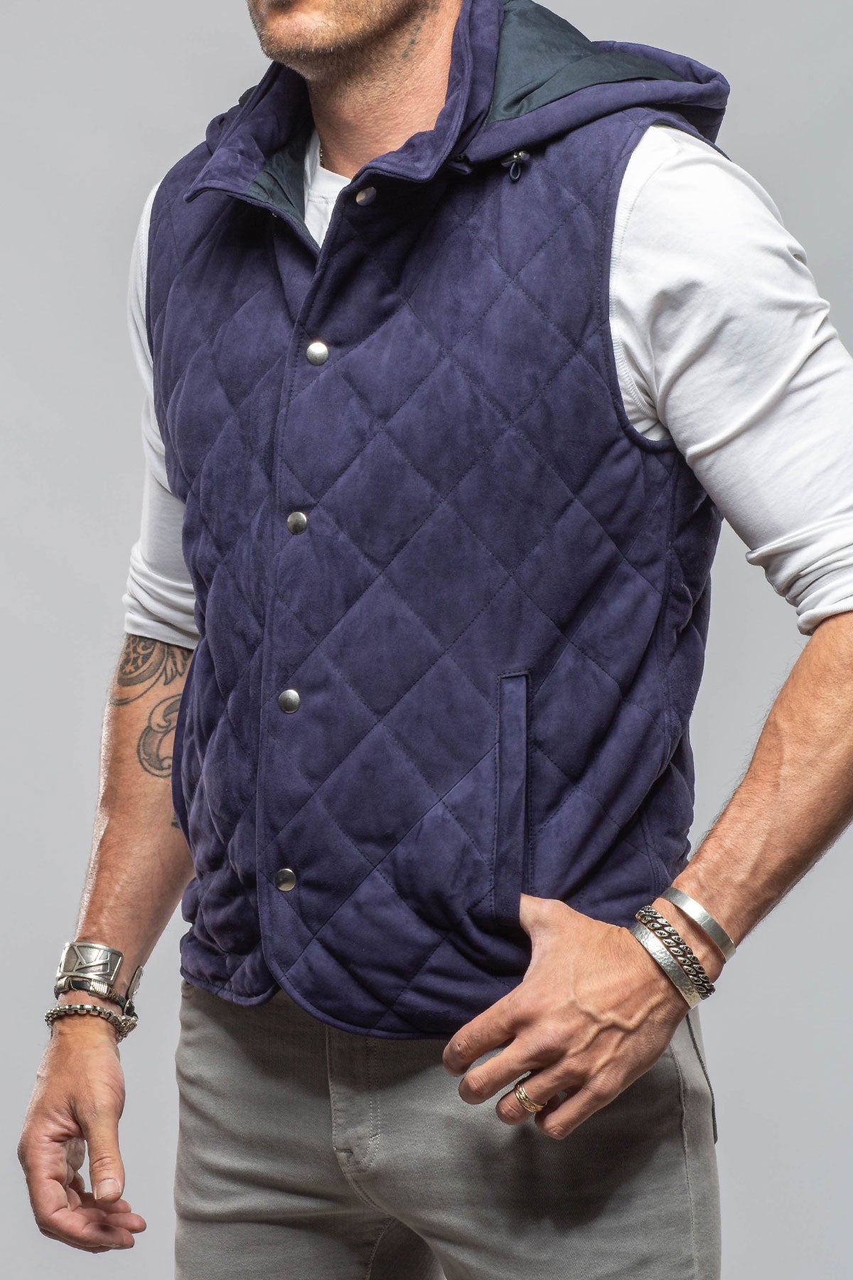 Axel's Florence Collection Diamond Hooded Vest In Navy Mens - Outerwear - Leather