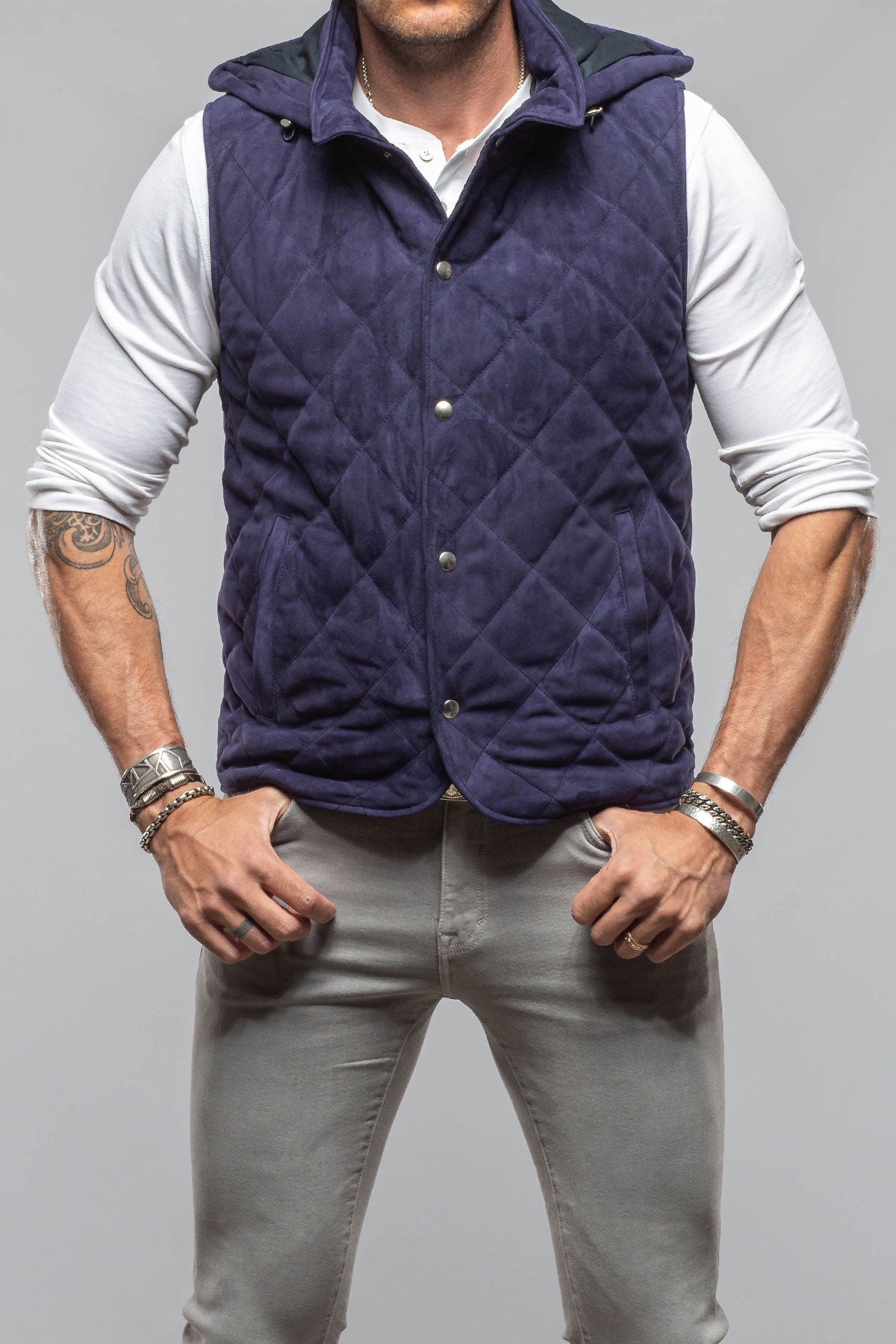 Axel's Florence Collection Diamond Hooded Vest In Navy Mens - Outerwear - Leather