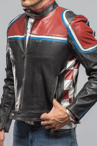 Axel's Florence Collection Retro Biker Jacket In Burgundy, White Mens - Outerwear - Leather