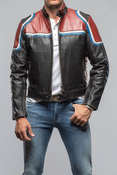 Axel's Florence Collection Retro Biker Jacket In Burgundy, White Mens - Outerwear - Leather