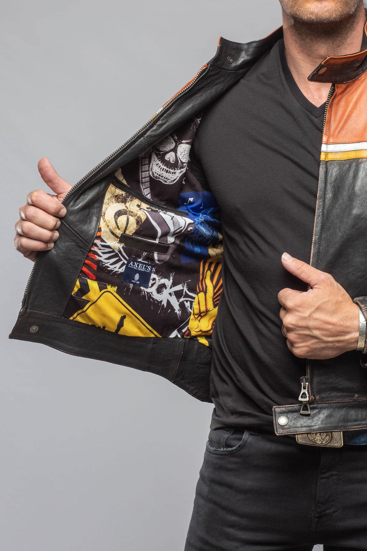 Axel's Florence Collection Retro Biker Jacket In Yellow, White Mens - Outerwear - Leather