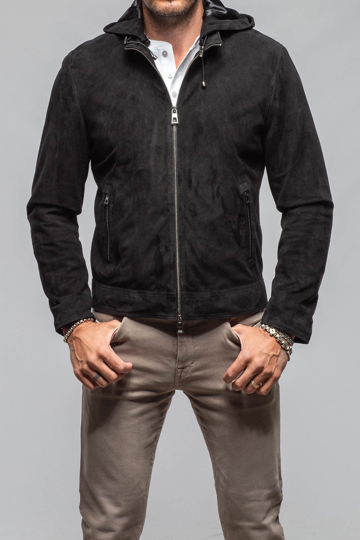 Riva Hooded Suede Jacket In Black | Mens - Outerwear - Leather | Axel's Florence Collection