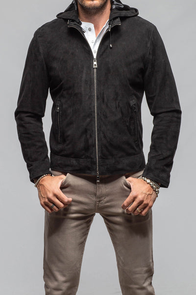 Riva Hooded Suede Jacket In Black | Mens - Outerwear - Leather | Axel's Florence Collection