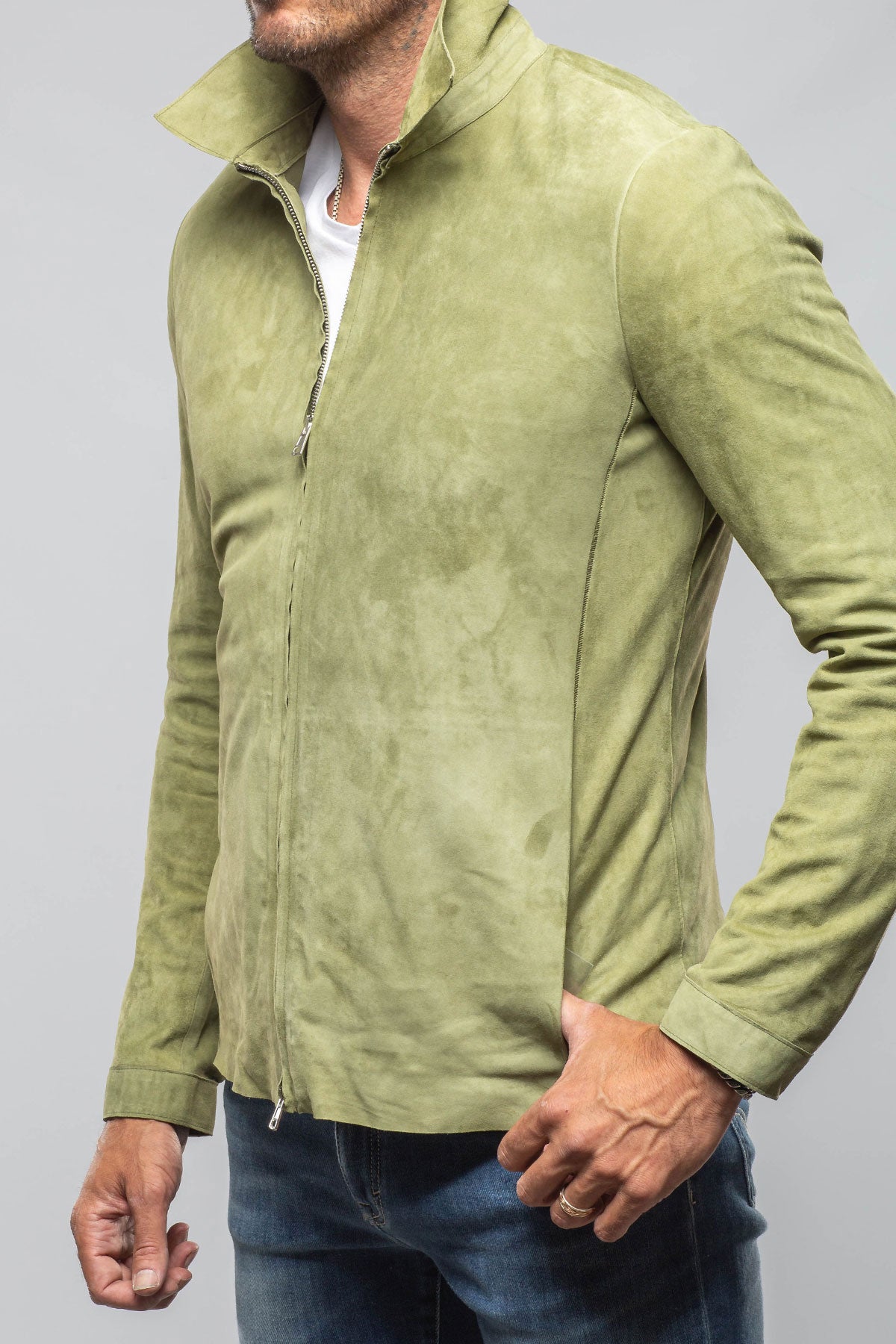 Axel's Florence Collection | The Don II Suede Zip Jacket In Salvia | Mens - Outerwear - Leather 